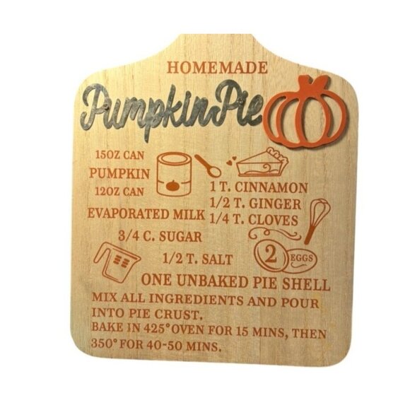 Homemade Pumpkin Pie Recipe Decorative Cutting Board NEW Fall Thanksgiving - Picture 2 of 4